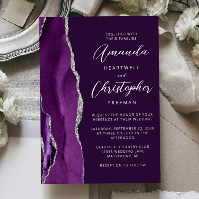 Invitation En Aluminium Agate Violet Argent Écriture Plum Mariage (Créateur téléchargé)