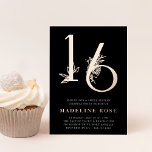 Invitation En Aluminium Âge d'or | Sweet 16 Anniversaire Rose Gold<br><div class="desc">Célébrez son anniversaire d'étape avec ces invitations chic à la fête d'anniversaire de sweet sixteen avec "16" en véritable feuille d'or rose ornée de fleurs. Personnalisez avec les détails de votre soirée de sweet sixteen sous l'élégante lettrage blanc. Un choix chic et haut de gamme pour fabuleuses fêtes du 16ème...</div>