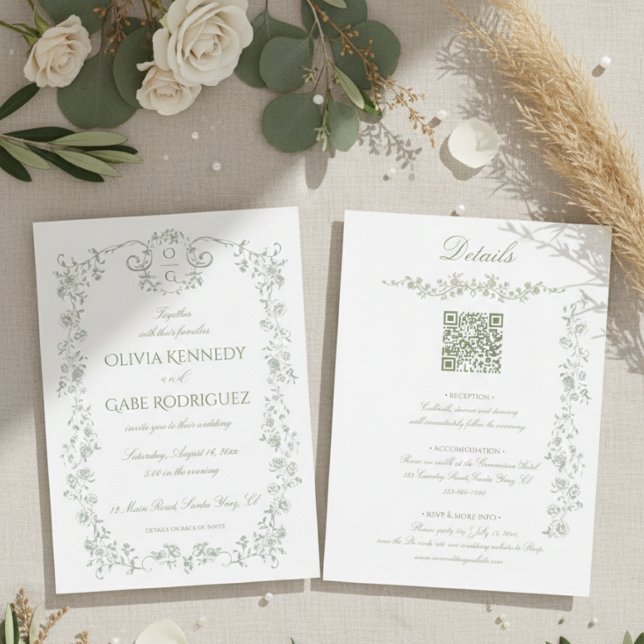 Invitation En Aluminium All in One Sage Green French Floral w QR Wedding (Créateur téléchargé)