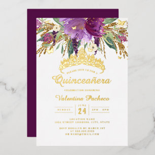 Invitation En Aluminium Améthyste Fleurie Quinceanera Or Pourpre