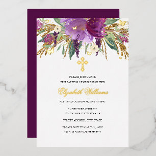 Invitation En Aluminium Améthyste Or Violet Floral Fille Baptême Feuille