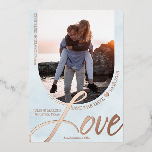 Invitation En Aluminium Amour Arched Frame avec Photo Light Blue (Recto)