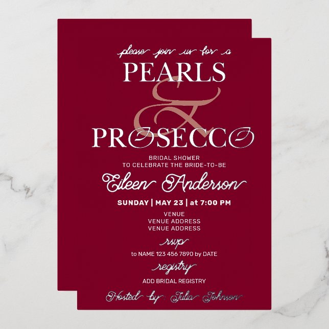 Invitation En Aluminium Ampersand Burgundy Pearls & Prosecco Fête des mari (Recto/Verso)