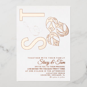 Invitation En Aluminium Ampersand de mariage avec feuille de Monstera pres