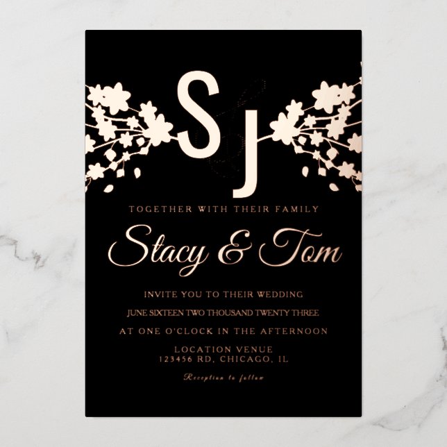 Invitation En Aluminium Ampersand en fleurs de cerisier en noir (Recto)