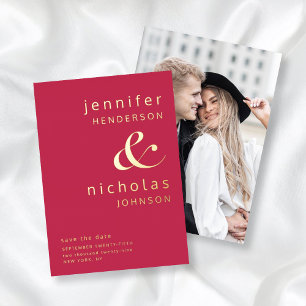 Invitation En Aluminium Ampersand Moderne Photo Magenta Enregistrer La Dat