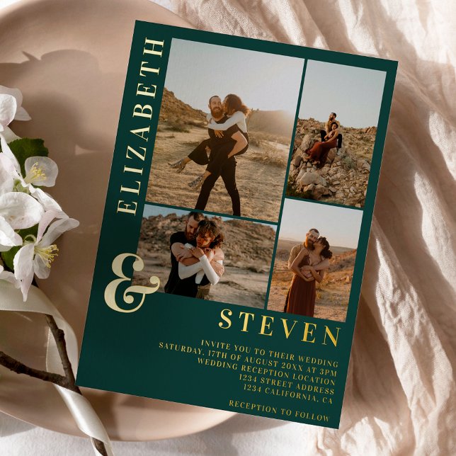 Invitation En Aluminium Ampersand vert 4 grille de photos mariage feuille  (Créateur téléchargé)