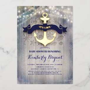 Invitation En Aluminium Ancre bleu marine et or Baby shower de plage rusti