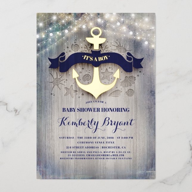 Invitation En Aluminium Ancre bleu marine et or Baby shower de plage rusti (Recto)