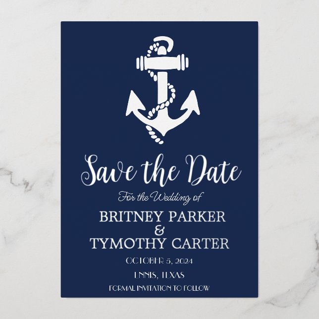 Invitation En Aluminium Ancre Bleu Marine Moderne Mariage Code QR (Recto)