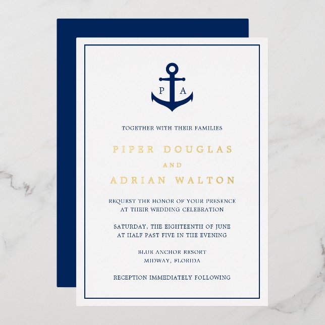 Invitation En Aluminium Ancre bleu marine Monogramme Mariage nautique Or (Recto/Verso)