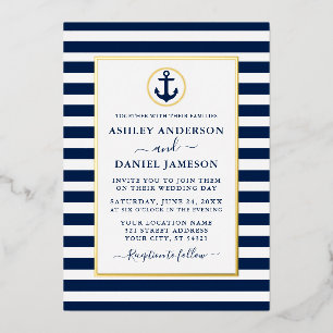 Invitation En Aluminium Ancre marine Bleu  Mariage Or