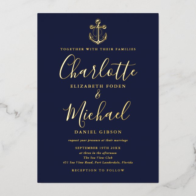 Invitation En Aluminium Ancre marine Bleu Nautique Photo Mariage Or (Recto)