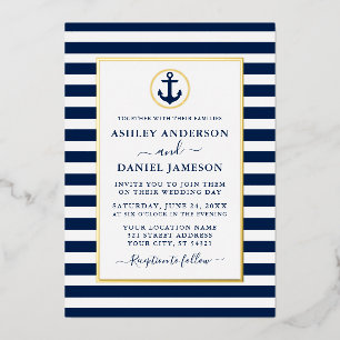 Invitation En Aluminium Ancre Naúticale Rayures Bleu Marine Mariage Or