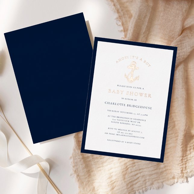 Invitation En Aluminium Ancre nautique Baby shower de garçon côtier Rose o (Nautical Anchor Boy Baby Shower Rose Gold Foil Invitation)