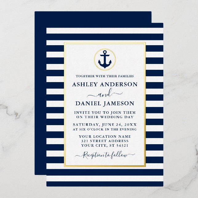 Invitation En Aluminium Ancre nautique Bleu  Mariage Or (Recto/Verso)