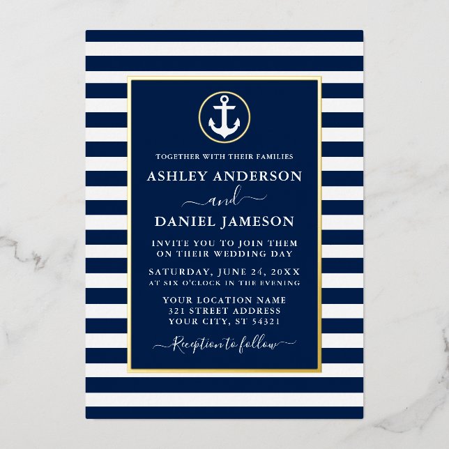 Invitation En Aluminium Ancre nautique Mariage Bleu Grilles Or (Recto)