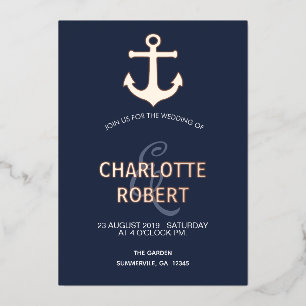 Invitation En Aluminium Ancre nautique marine moderne mariage plage or