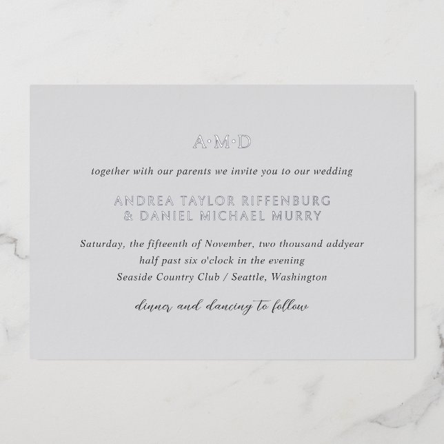 Invitation En Aluminium Andrea Grey Mariage élégant (Recto)