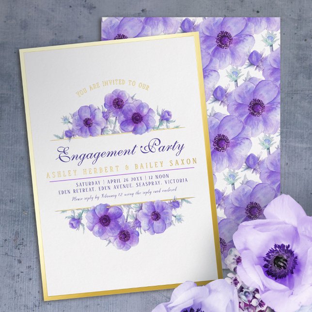 Invitation En Aluminium Anémone violette aquarelle engagement  (Créateur téléchargé)