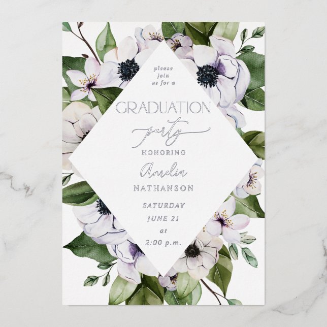 Invitation En Aluminium Anemone White Floral Graduation Party (Recto)
