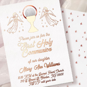Invitation En Aluminium anges feuille d'or rose Première Communion