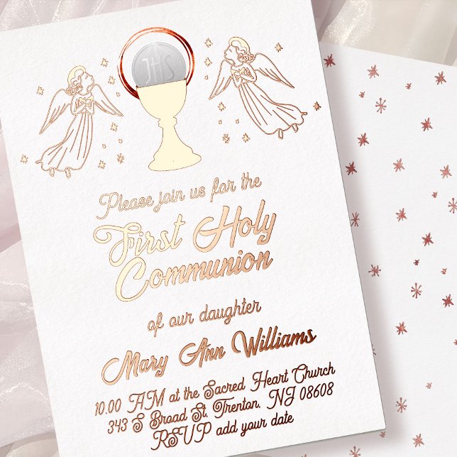 Invitation En Aluminium anges feuille d'or rose Première Communion (Créateur téléchargé)