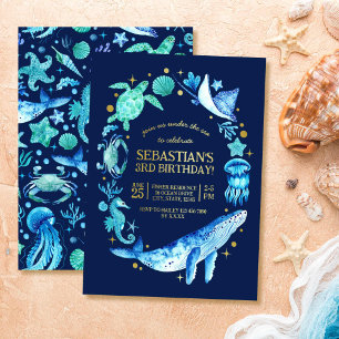 Invitation En Aluminium Animaux de l'Océan Aquarelle Bleue 3e Anniversaire