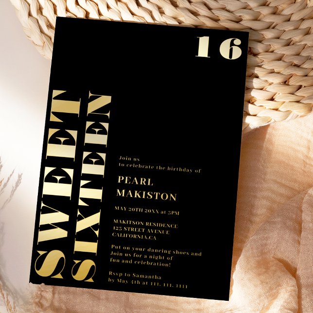 Invitation En Aluminium Anniversaire 16 ans or noir simple gras (Bold simple gold black sweet 16 birthday foil invitation)