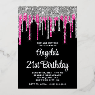 Invitation En Aluminium Anniversaire 21 ans Black Silver Deep Pink Glitter