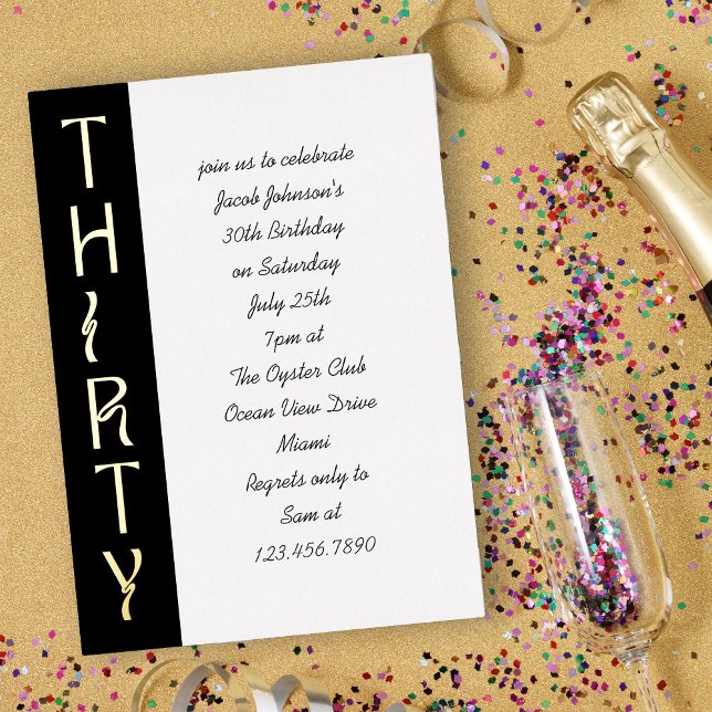 Invitation En Aluminium Anniversaire 30 ans écriture manuscrite noir blanc (Luxe black white and gold foil handwritten 30th Birthday Invitation)