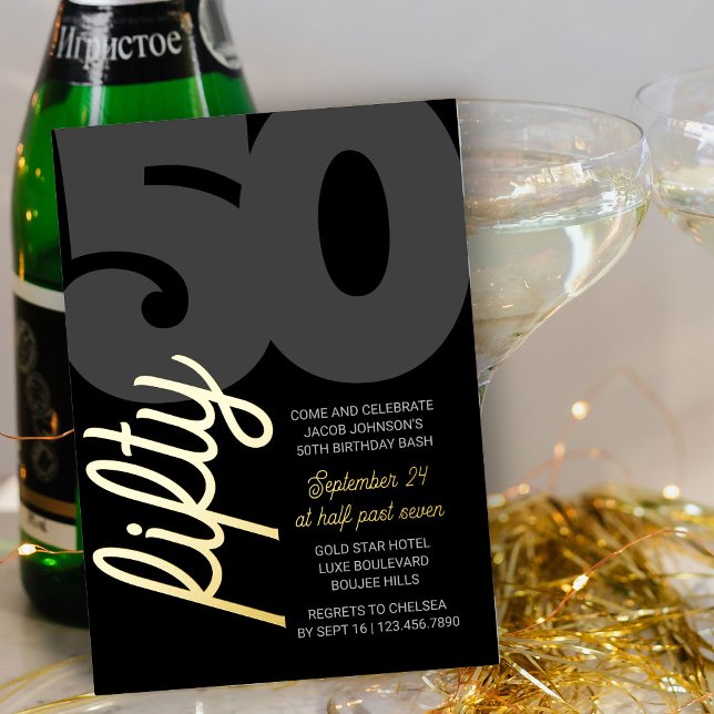 Invitation En Aluminium Anniversaire 50 ans écriture Fifty géant Noir Or (50th Birthday Invitation in black and luxury gold foil with oversized fifty in classy script)