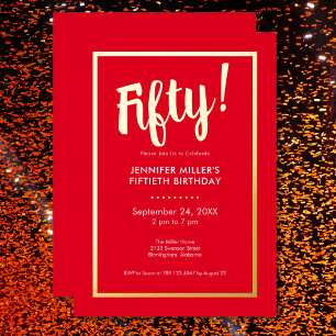 Invitation En Aluminium Anniversaire 50 ans Moderne Rouge et Or sous Film 