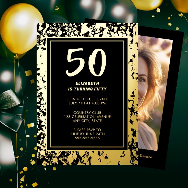 Invitation En Aluminium Anniversaire 50 ans Noir Or Photo Bold Luxe (Créateur téléchargé)
