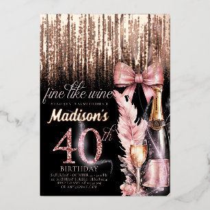 Invitation En Aluminium Anniversaire Adulte 40 ans Vin Rosé Feuille Luxe