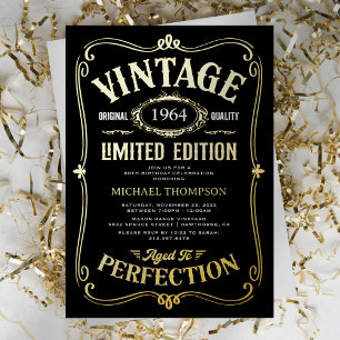 Invitation En Aluminium Anniversaire Adulte Tout Âge Vintage Noir Or