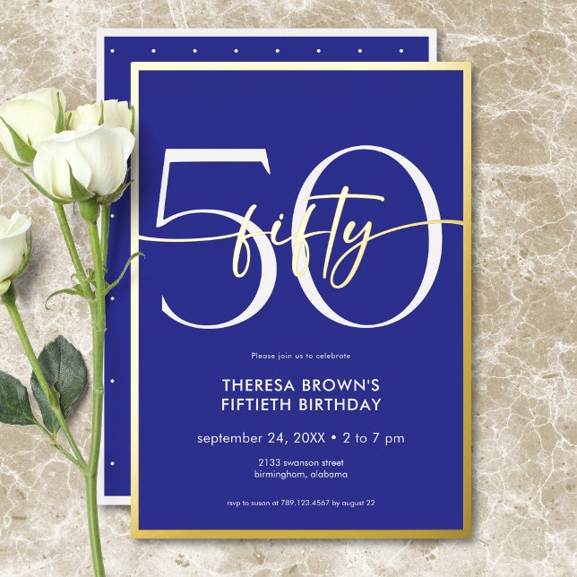 Invitation En Aluminium Anniversaire Cinquante Écriture Script Bleu Royal  (Modern Minimal Royal Blue Fifty Script Birthday Foil Invitation)