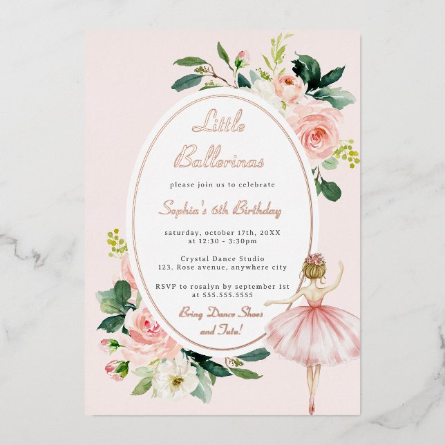Invitation En Aluminium Anniversaire de enfant rose floral Ballerina (Recto)