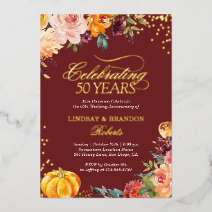 Invitation En Aluminium Anniversaire de Mariage Photo Automne Bourgogne Or