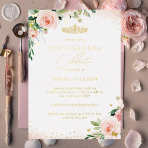 Invitation En Aluminium Anniversaire de Quinceanera Florale Rose Or