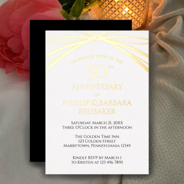 Invitation En Aluminium Anniversaire du 50e anniversaire de l'Arc Unique (Customize this invitation template for a real foil golden 50th wedding anniversary party invitation
)