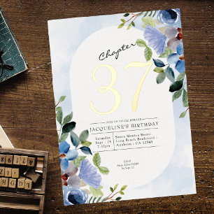 Invitation En Aluminium Anniversaire Fleur Bleu Toute Année Or