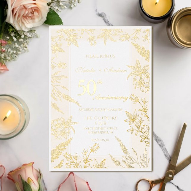 Invitation En Aluminium Anniversaire Fleur Sauvage Blanche et Orée (Créateur téléchargé)
