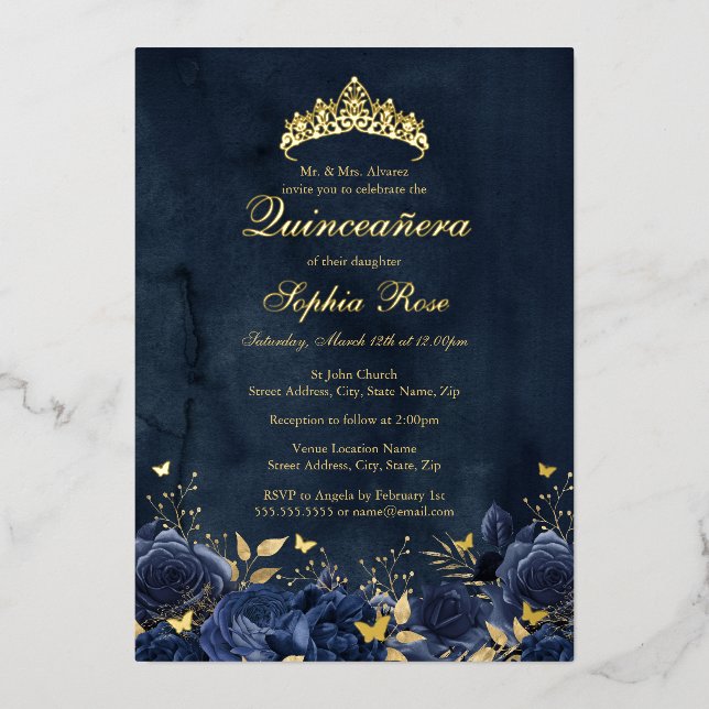 Invitation En Aluminium Anniversaire Floral Papillon Tiara Marine Quincean (Recto)