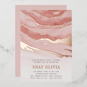 Invitation En Aluminium Anniversaire Luxueux en Marbre Rose pour une Sweet