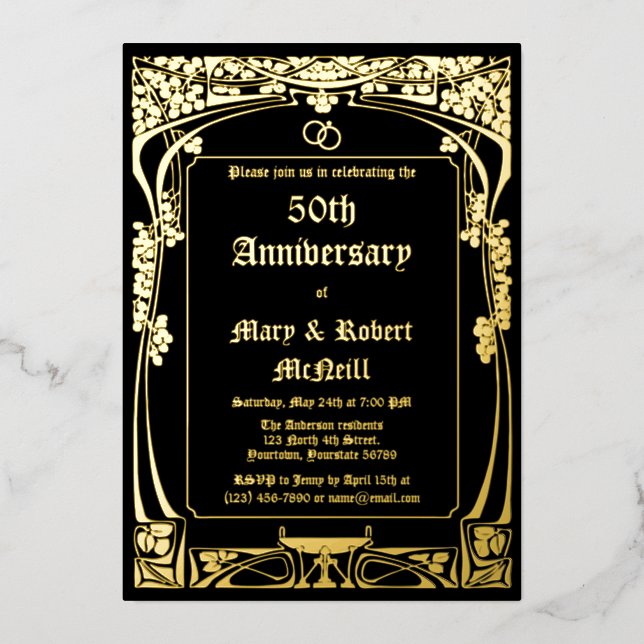 Invitation En Aluminium Anniversaire Mariage Art Nouveau élégant (Recto)