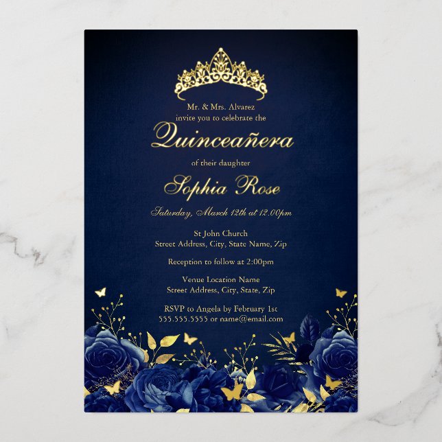 Invitation En Aluminium Anniversaire Marine Floral Butterfly Tiara Quincea (Recto)