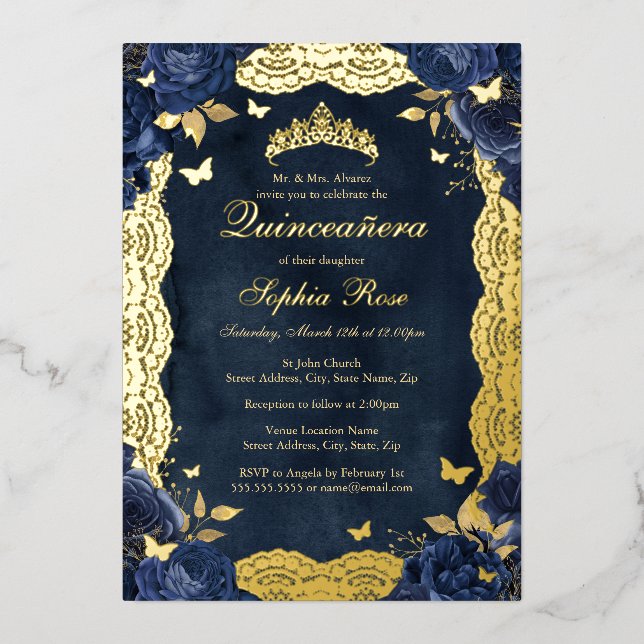 Invitation En Aluminium Anniversaire Rose dentelle papillon or Marine Quin (Recto)