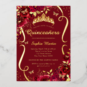 Invitation En Aluminium Anniversaire Rouge Or Floral Papillon Quinceanera