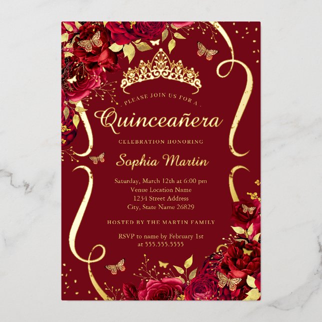 Invitation En Aluminium Anniversaire Rouge Or Floral Papillon Quinceanera (Recto)